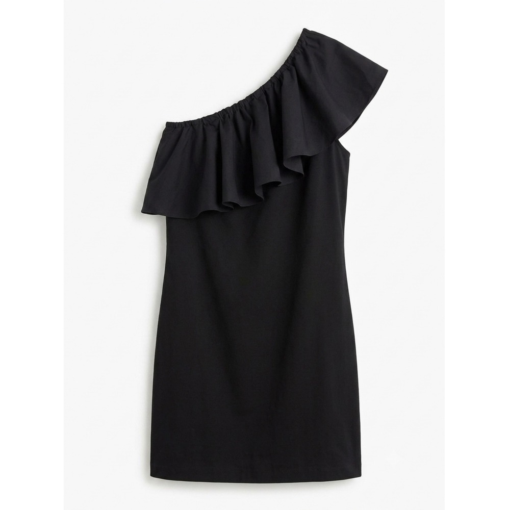 A New Day One Shoulder Ruffle Dress Womens Medium Black Cotton Mini NWT